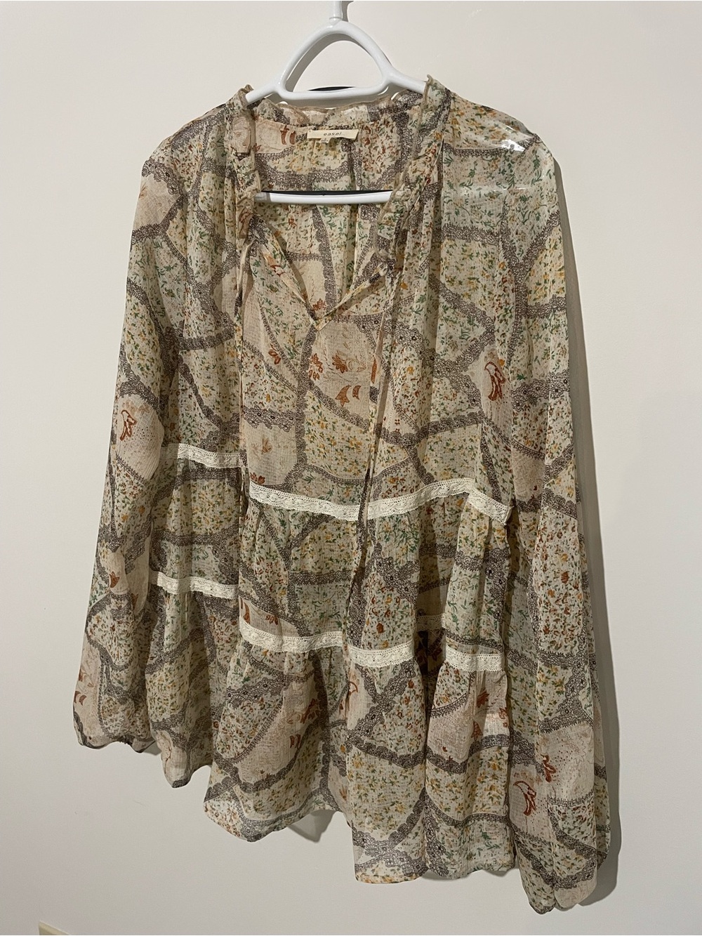 easel Sheer Patchwork Tunic Blouse - Cream Green Brown